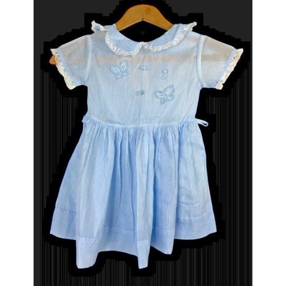 1950s Dress Little Girl Blue Peter Pan Collar Butterfly Applique 4 / 5 Vintage - Picture 1 of 11